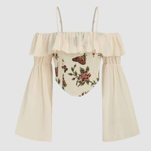 Cider Floral Butterfly Corset Crop Top Off Shoulder Ruffle‎ Blouse S Tapestry